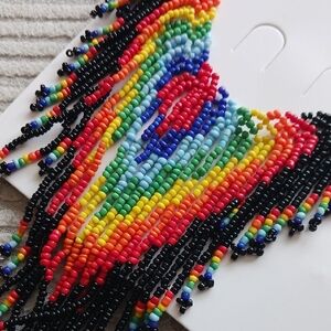 Rainbow & Black Beaded Fringe Necklace